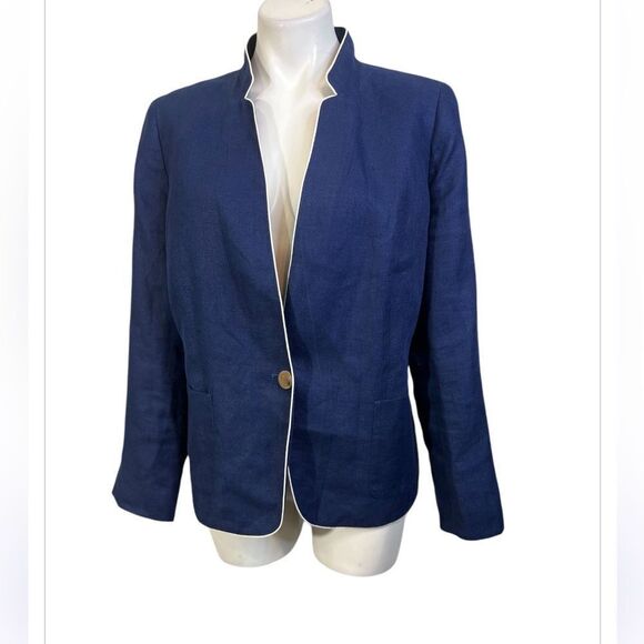 Talbots Aberdeen blazer 16 petite blue 100% linen long sleeve casual office - Picture 2 of 6